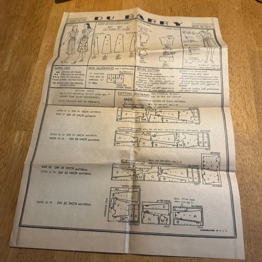 Vintage 1945 DuBarry Sewing Pattern 6030 Two Piece Dress Size 12 Bust 30 WW2 Era